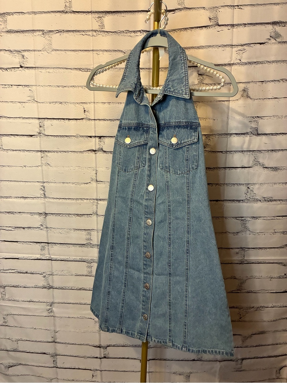 HOUSE OF HARLOW Denim Button-Front Halter Mini Dress - Picture 2 of 2